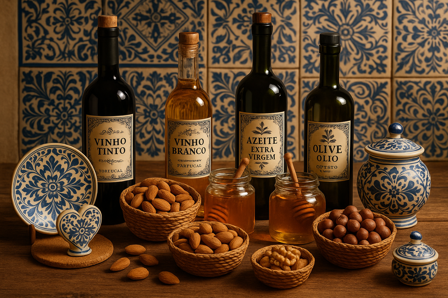 produits portugais - vin, fruits à coque, miel, huile d'olive et décoration artisanale en poudre céramique
